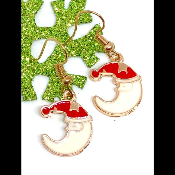 Christmas Santa Claus Crescent Moon Red White Enamel Gold Tone Dangle Earrings - Picture 1 of 5